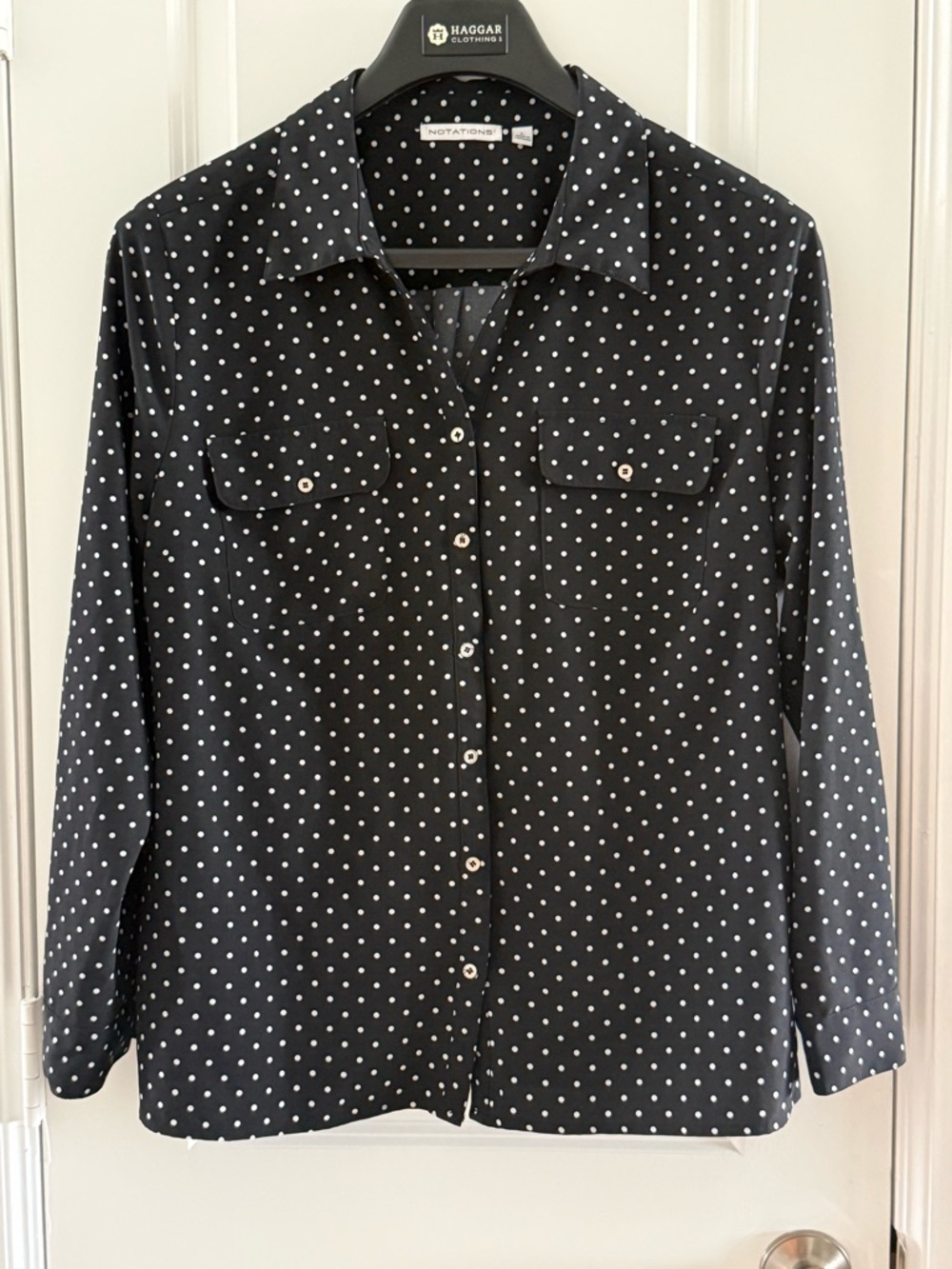 Black & White Polka Dot Long Sleeve Button-Up Blouse By Notations Women’s Size L